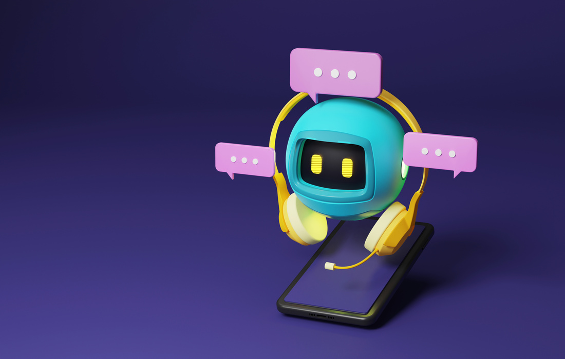 Blue robot with bright yellow headphones on purple background an