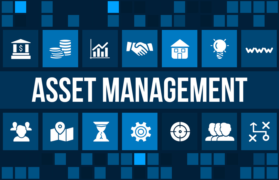 Asset management concept image with business icons and copyspace.