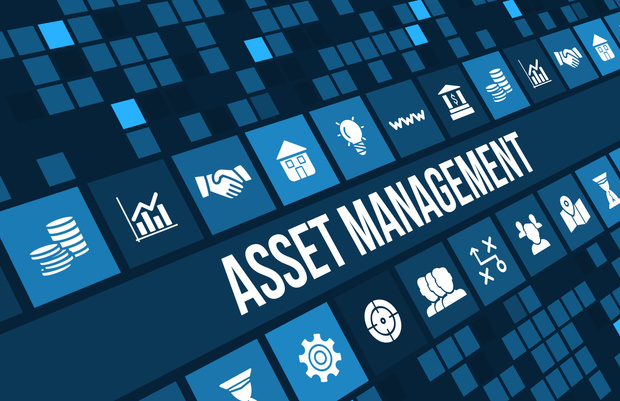 Asset management concept image with business icons and copyspace.